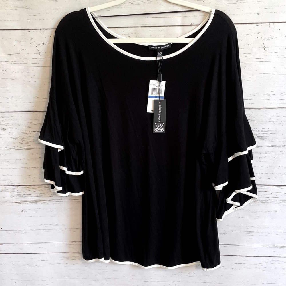 Cable & Gauge Black Tunic with White Trimmed Ruffle Sleeves